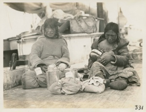 Image: Mary and Ahnee on deck of Bowdoin [Mary Napatchee, with baby, and Annie Kavavou]